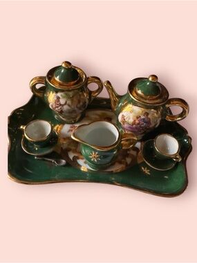 Limoges Miniature Porcelain Tea Set in Deep Green and Gold
